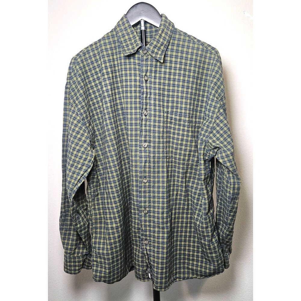 Dr Lucky Mens Large Plaid Button Up Shirt Blue Green Cotton Grunge Skate Y2K